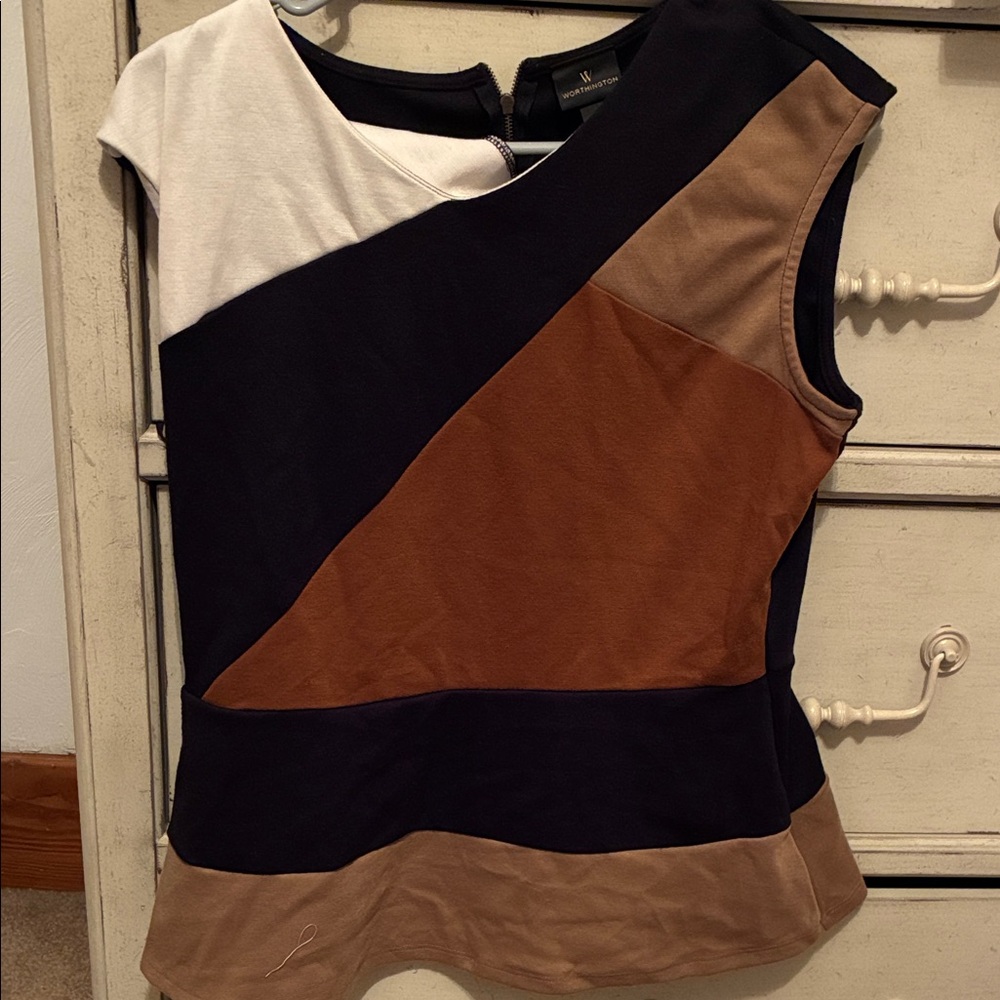Worthington Tri-Tone Asymmetrical Blouse - Black, White, Tan